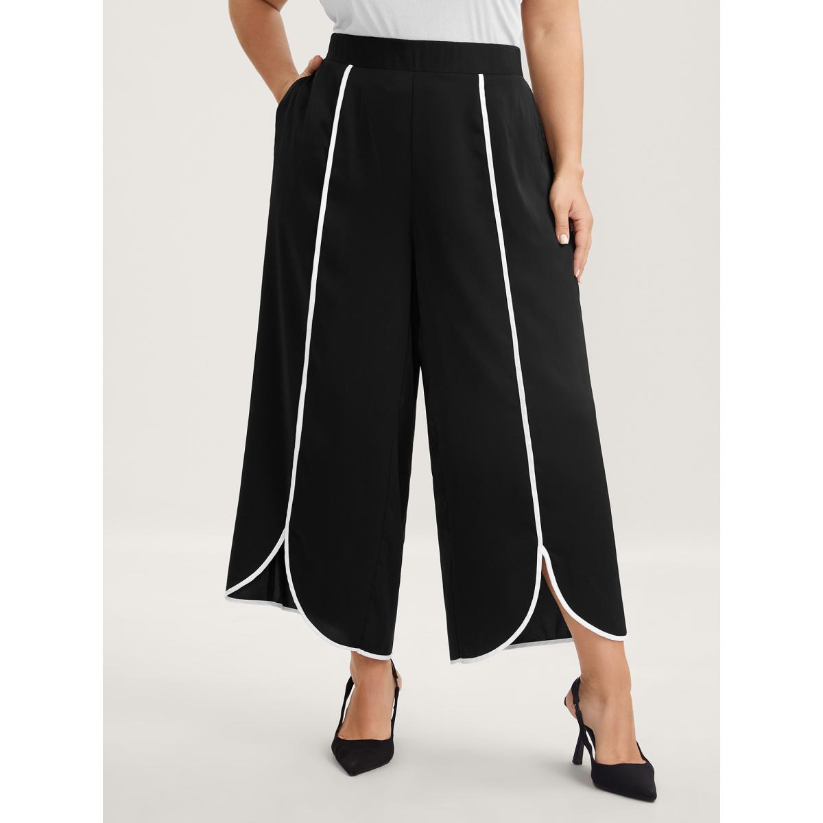 Plus Size Color Contrast Split Wide-Leg Pants Women Black At the Office Wide Leg Mid Rise Work Pants BloomChic 12/L Product Image