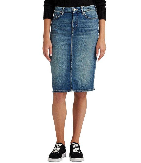 Lauren Ralph Lauren Sunset Indigo Wash Stretch Denim Mid Rise Pencil Skirt Product Image