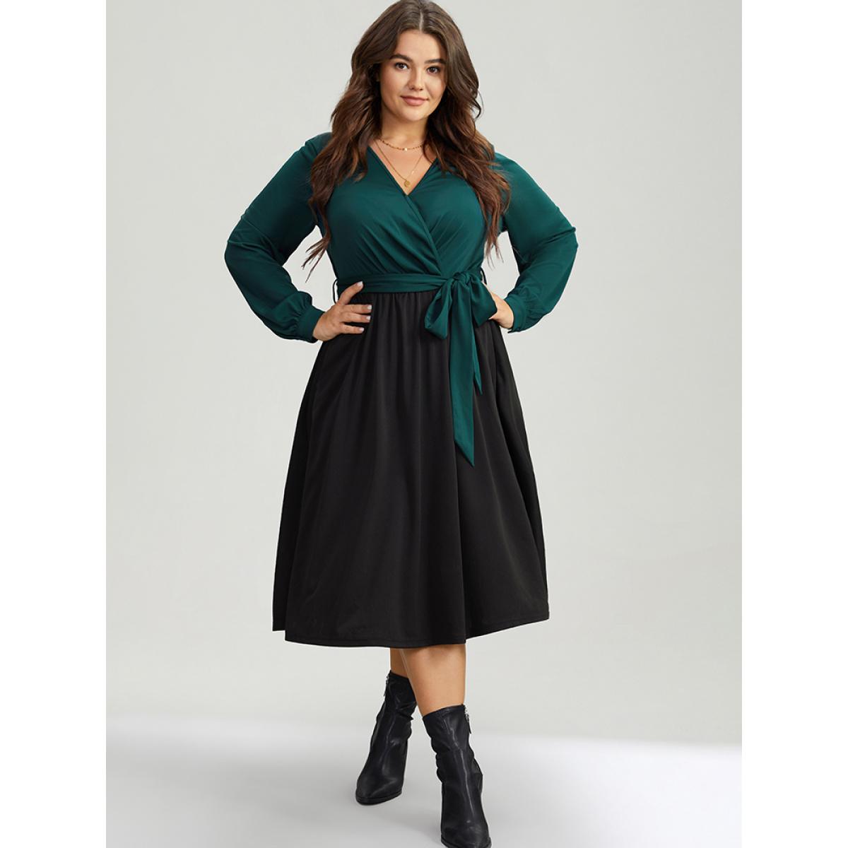 Plus Size Contrast Patchwork Bowknot Overlap Collar Dress DarkGreen Women Elegant Belted V-neck Long Sleeve Curvy Midi Dress BloomChic 14-16/1X Product Image