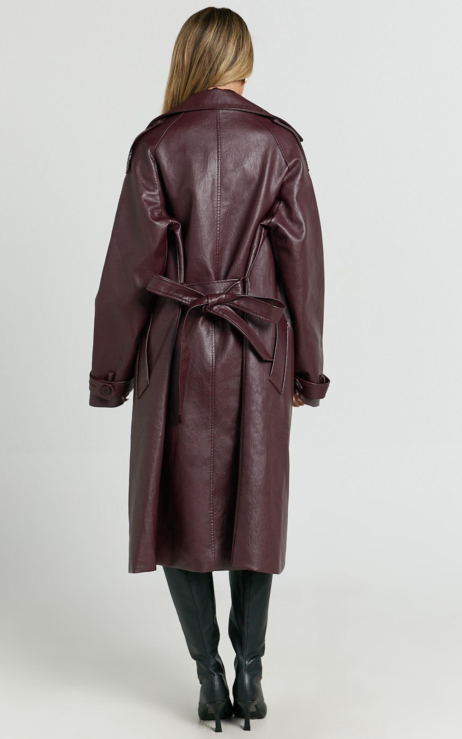 Vicki Trench Coat - Faux Leather Washed Trench Coat in Wine Product Image