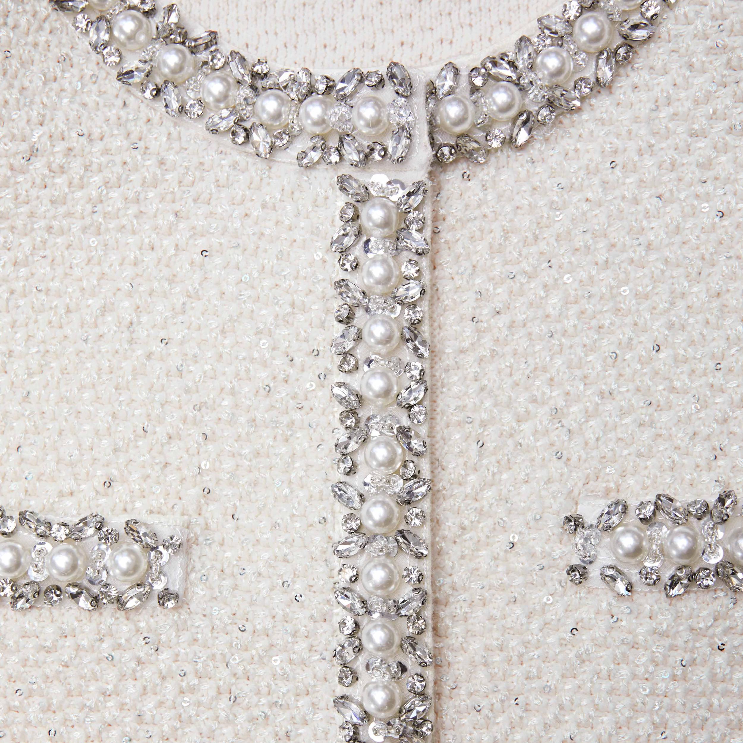 Cream Textured Knit Embellished Cardigan Product Image