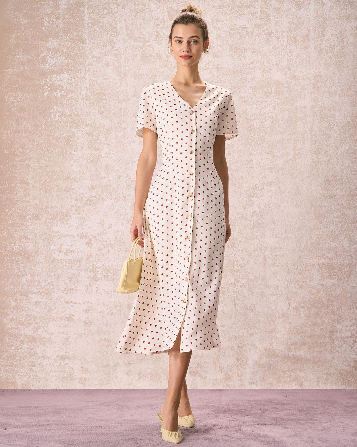 The Beige V Neck Polka Dot Button Midi Dress Product Image