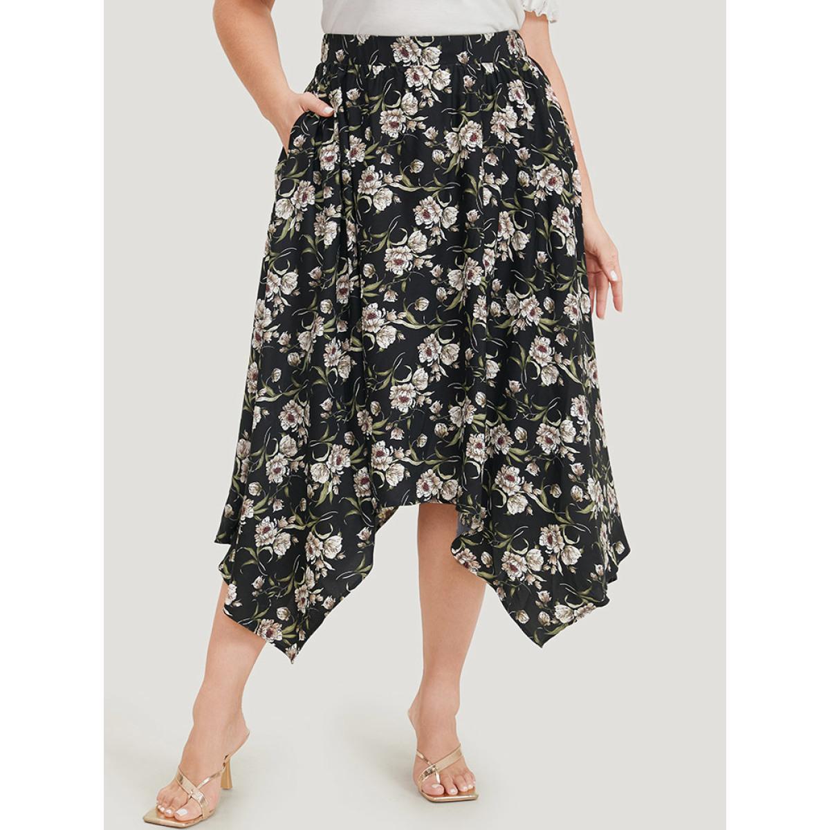 Plus Size Floral Print Pocket Elastic Waist Hanky Hem Skirt Women BlackFlower Elegant Printed No stretch Dailywear Skirts BloomChic 26/4X Product Image
