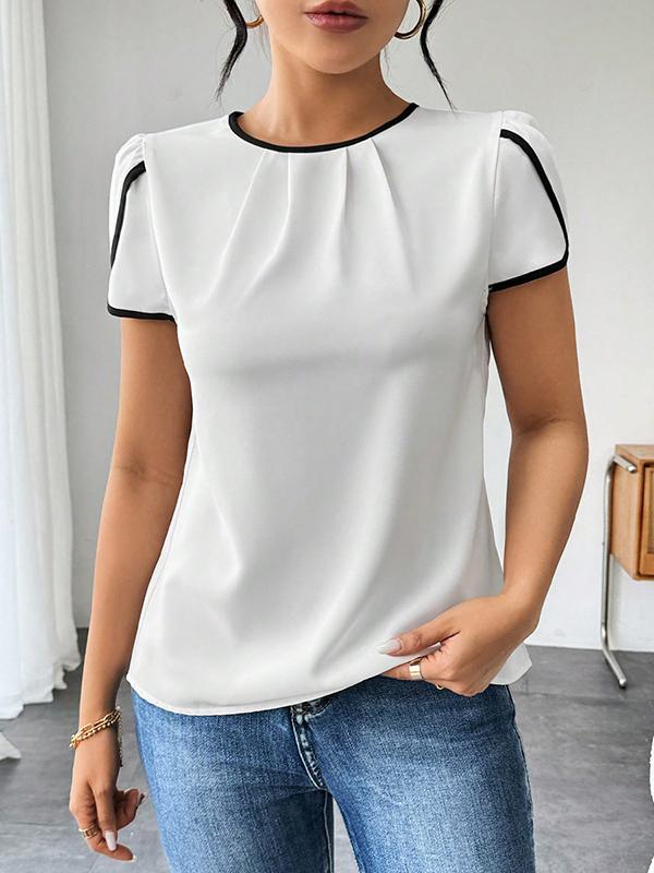 Loose Short Sleeves Hollow Pleated Round-Neck Blouses&Shirts Tops Product Image