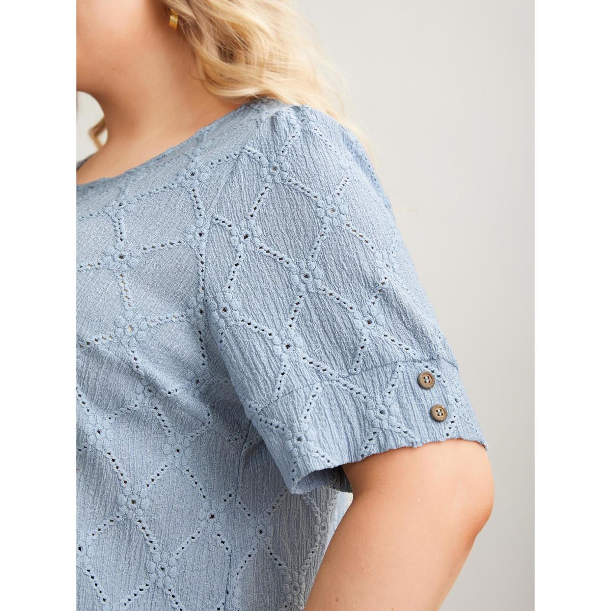 Plus Size Textured Puffy Sleeve Buttons T-Shirt Stone Women Casual Texture Round Neck Everyday T-shirts BloomChic 30/6X Product Image
