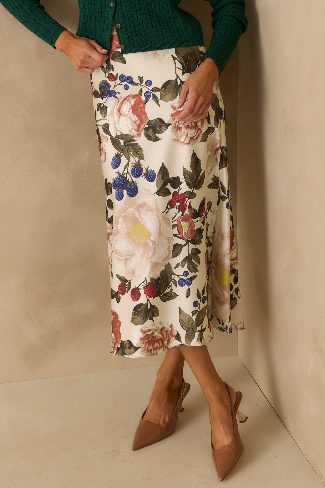 Feeling Pretty Sure Ivory Multi Floral Print Satin Midi Skirt Product Image