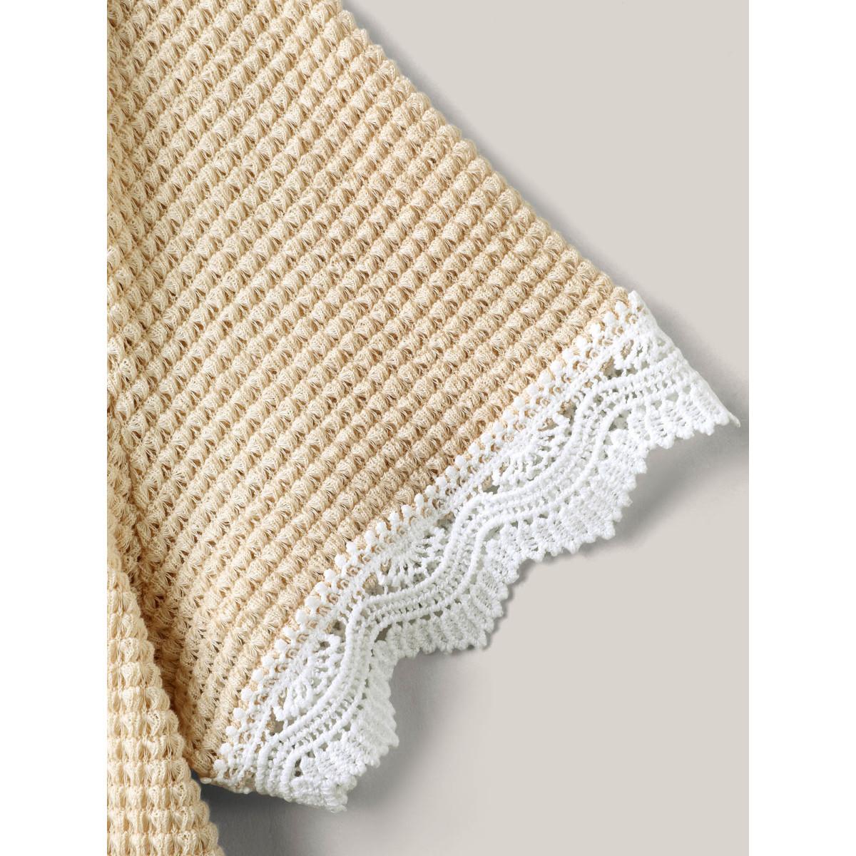 Plus Size Sheer Waffle Textured Lace Trim T-Shirt Beige Women Woven ribbon&lace trim V-neck Everyday-Casual T-shirts BloomChic 22-24/3X Product Image