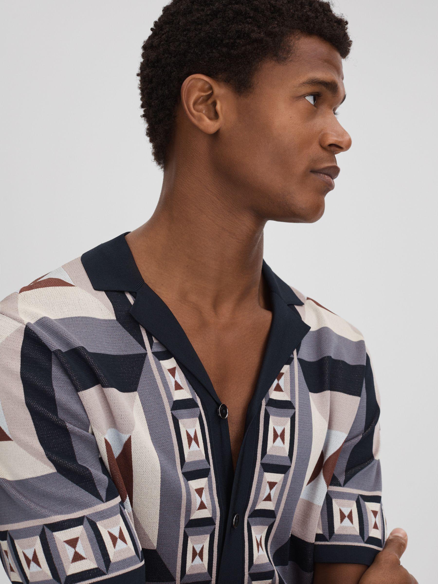 Knitted Cuban Collar Shirt in Blue Multi Product Image