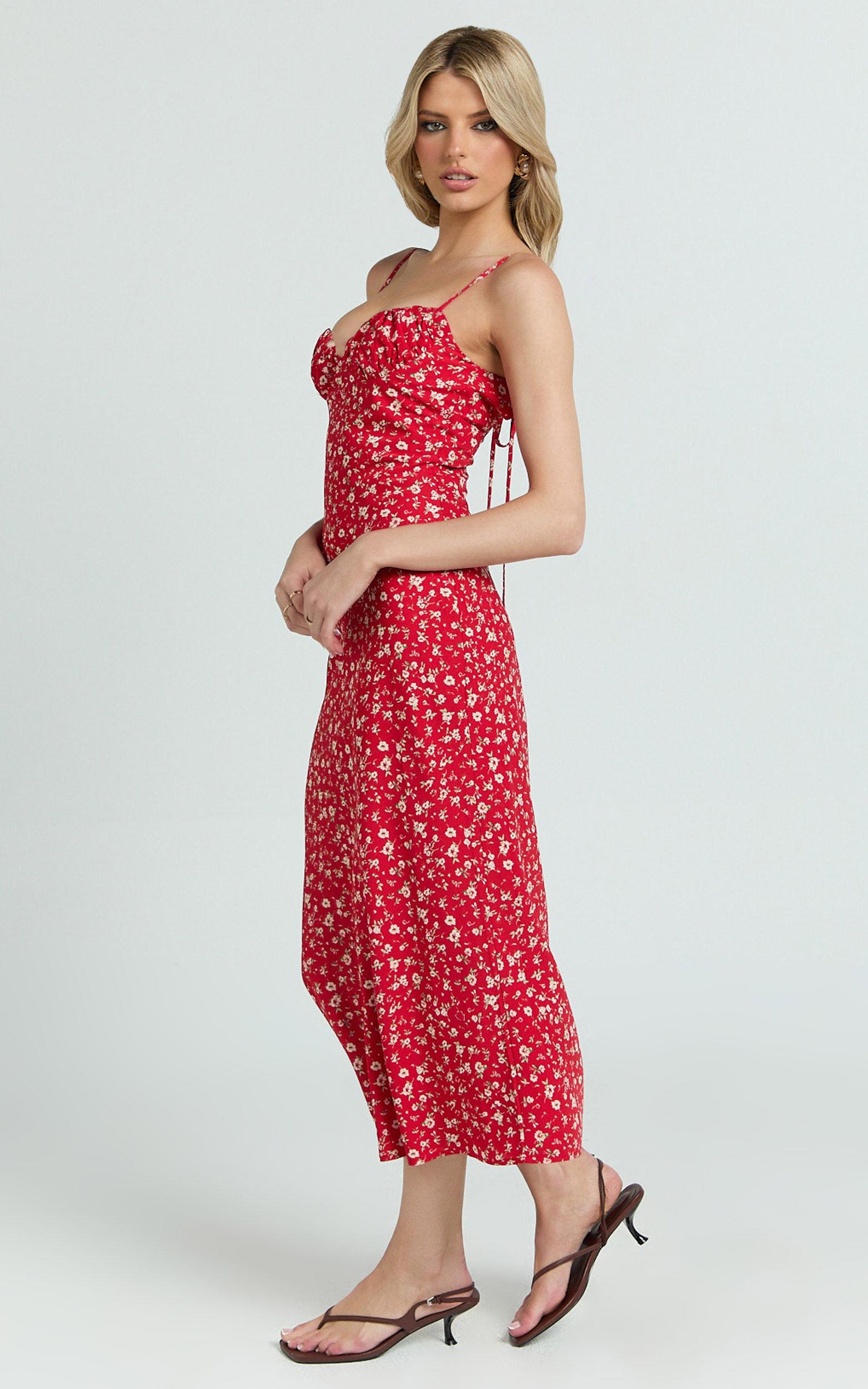 Hilton Midi Dress - Ruched Bust Slip Dress in Red Floral Product Image