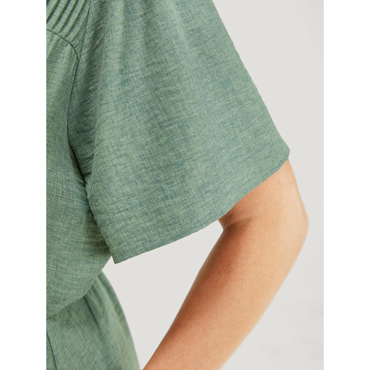 Plus Size Solid Pleated Detail Lace Pocket Ruffle Sleeve Dress Emerald Women Elegant Pleated V-neck Short sleeve Curvy Midi Dress BloomChic 18-20/2X Product Image