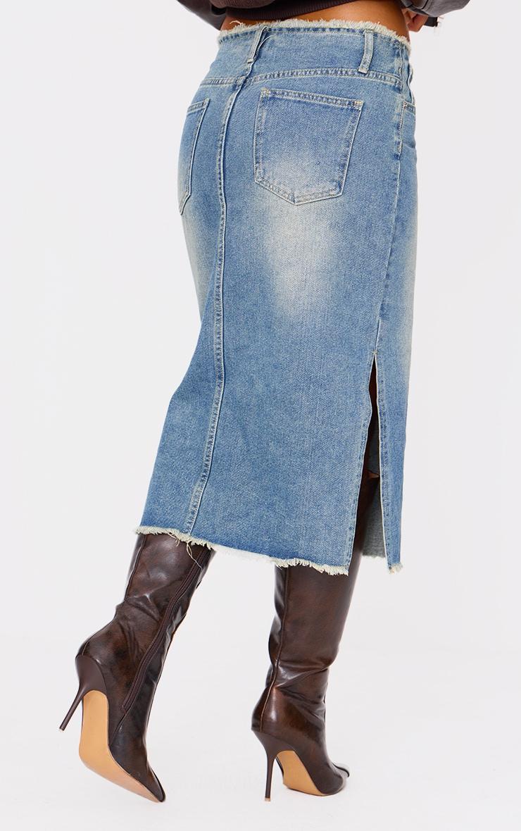 Vintage Wash Side Split Raw Hem Denim Midi Skirt Product Image