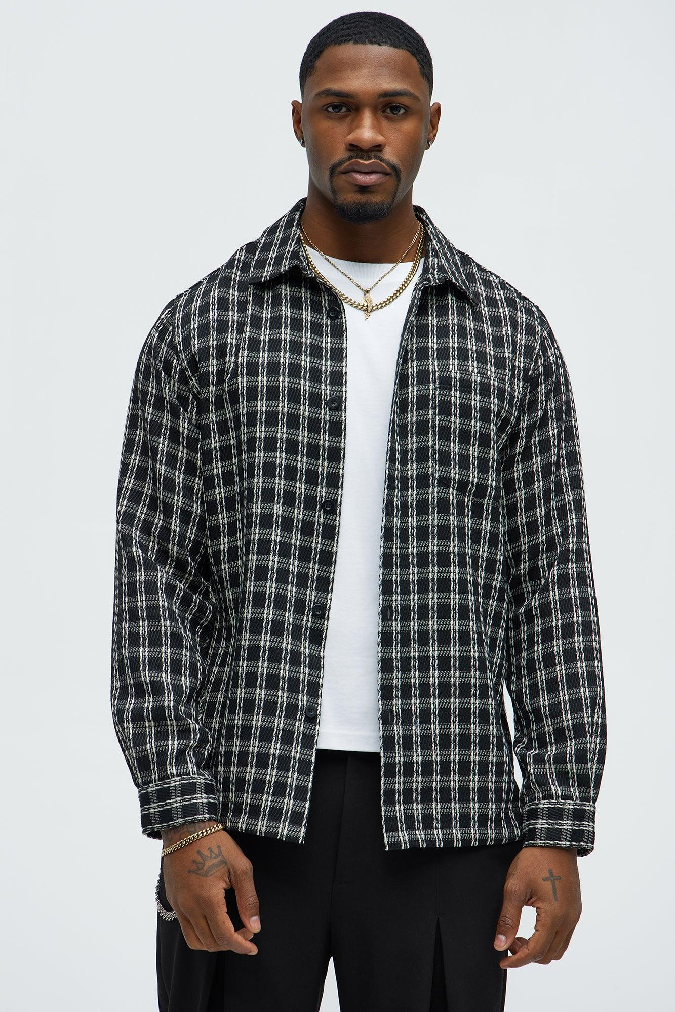 Jacquard Twill Plaid Long Sleeve Button Up - Black/White Product Image