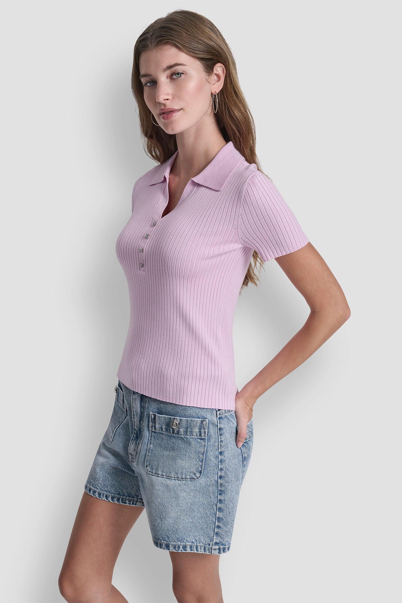 RIBBED POLO WITH RHINESTONE BUTTONS Product Image