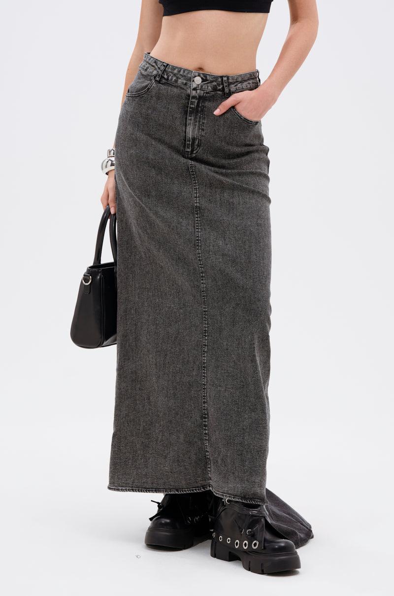 OH THE DRAMA DENIM MAXI SKIRT WITH TRAIN IN GREY Product Image
