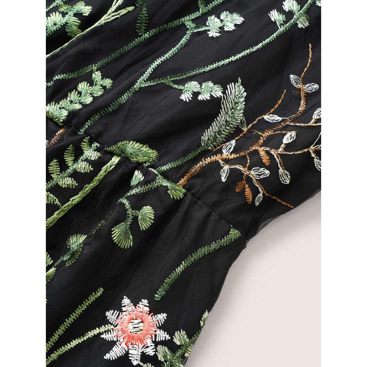 Plus Size Black Plants Embroidered Mesh Crochet Gathered Blouse Women Cocktail Long Sleeve Round Neck Party Blouses BloomChic 10/M Product Image