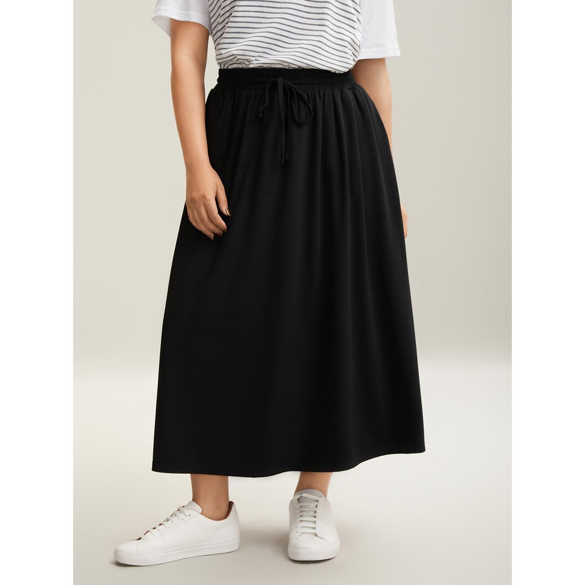Plus Size Supersoft Waist-Tie A-Line Maxi Skirt Women Black Leisure Drawstring Medium stretch Slanted pocket Casual Skirts BloomChic 12/L Product Image