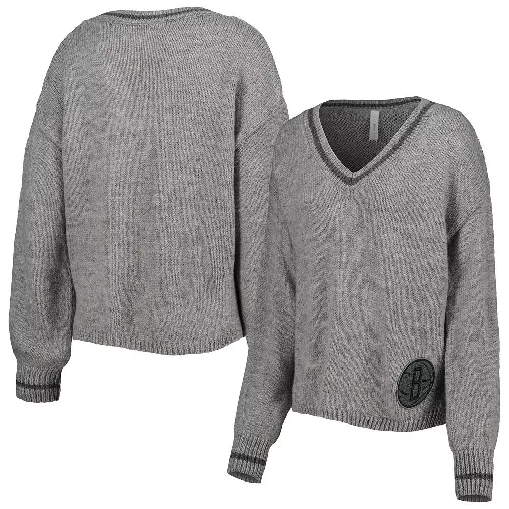 Women's Lusso Gray Brooklyn Nets Scarletts Lantern Sleeve Tri-Blend V-Neck Pullover Sweater, Size: Small, Grey Product Image