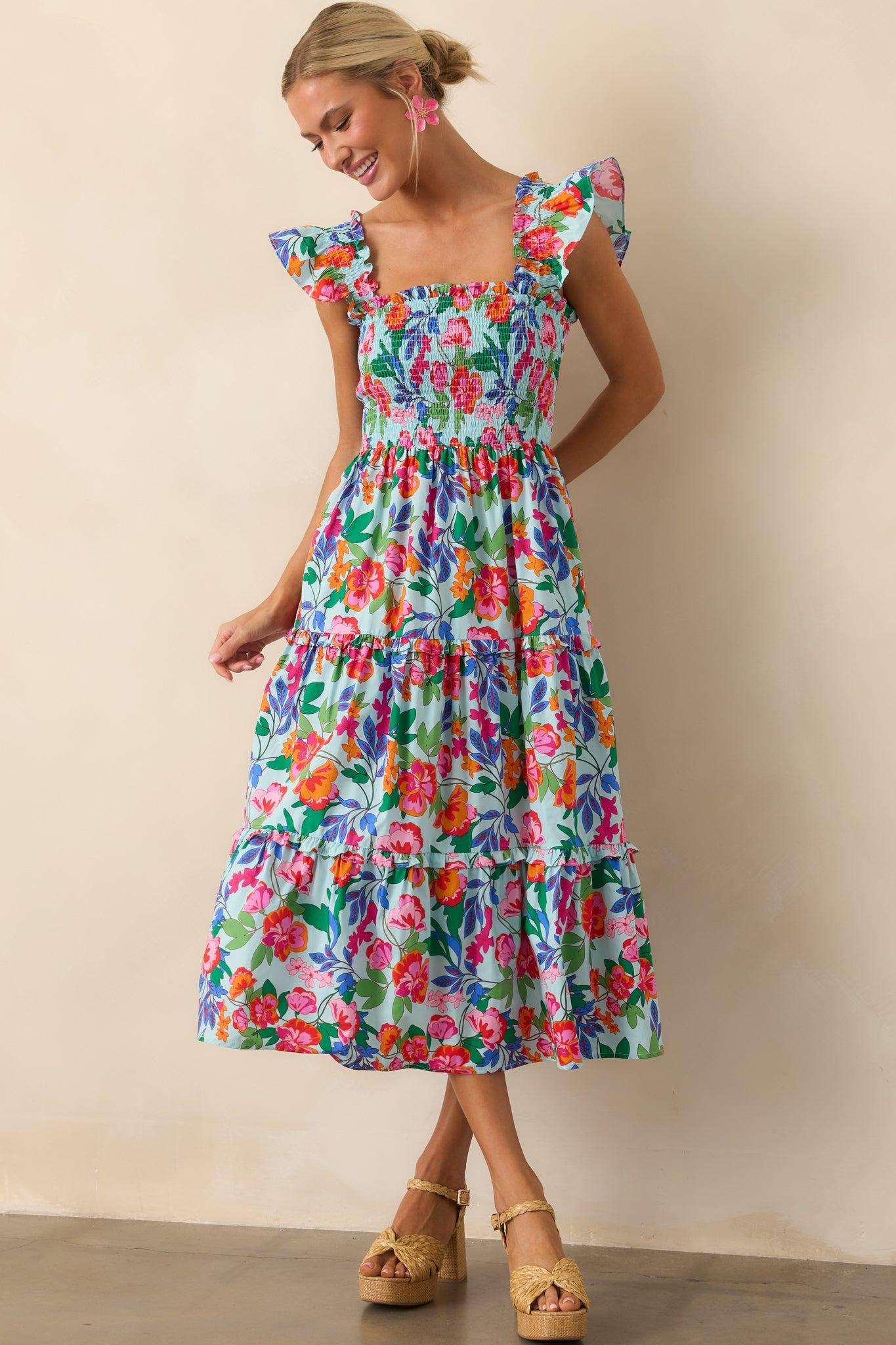 Life In Full Bloom Light Blue Floral Cotton Midi Dress Product Image