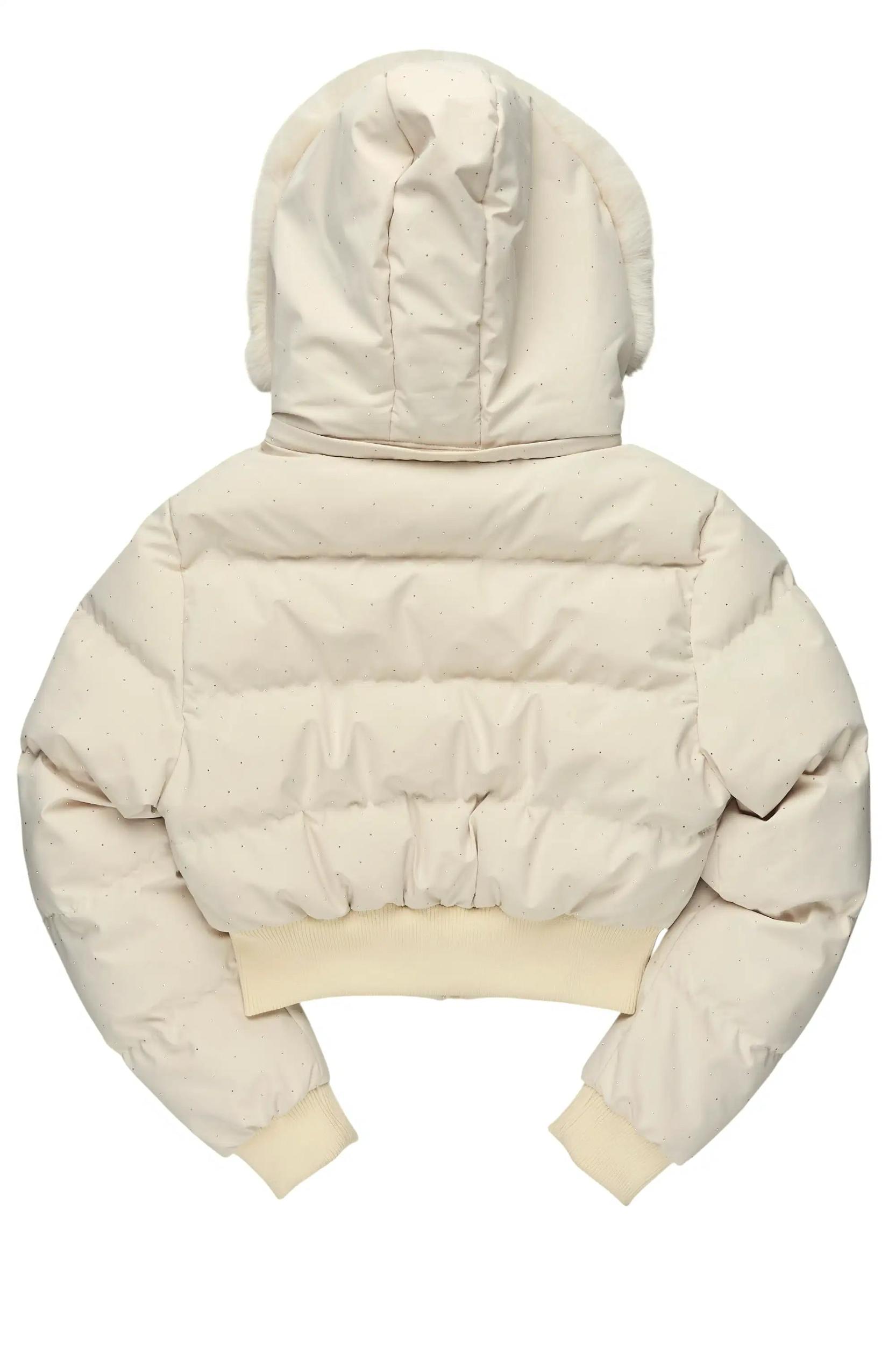 Gabrielle Beige Rhinestone Puffer Jacket With Fur Hood Female Product Image