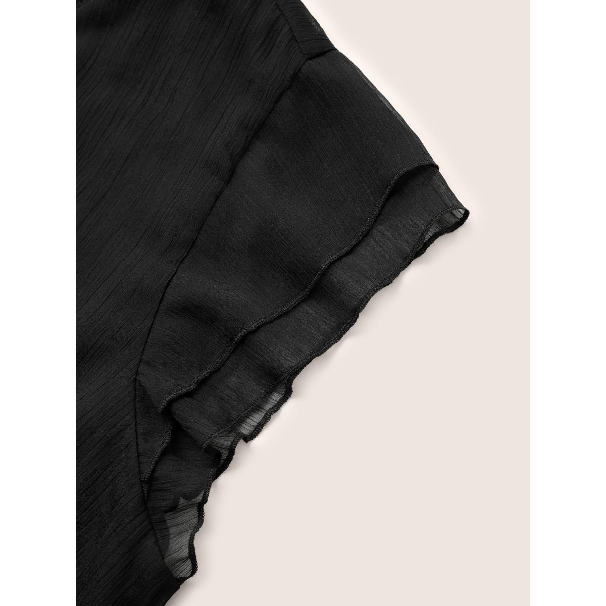 Plus Size Solid Mesh Belted Ruffle Cap Sleeve Dress Black Women At the Office Non Round Neck Cap Sleeve Curvy Midi Dress BloomChic 26/4X Product Image