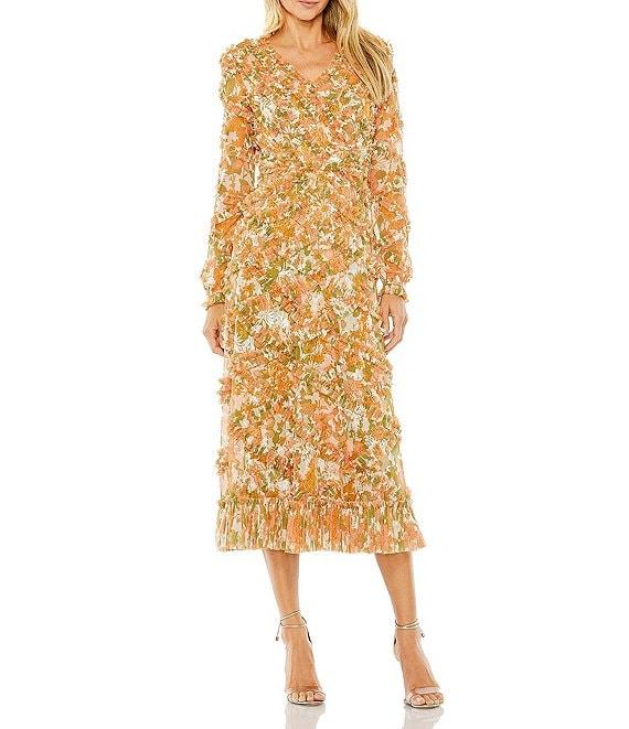 Mac Duggal V-Neck Long Sleeve Low Back Floral Printed Chiffon Ruffle A-line Midi Dress Product Image
