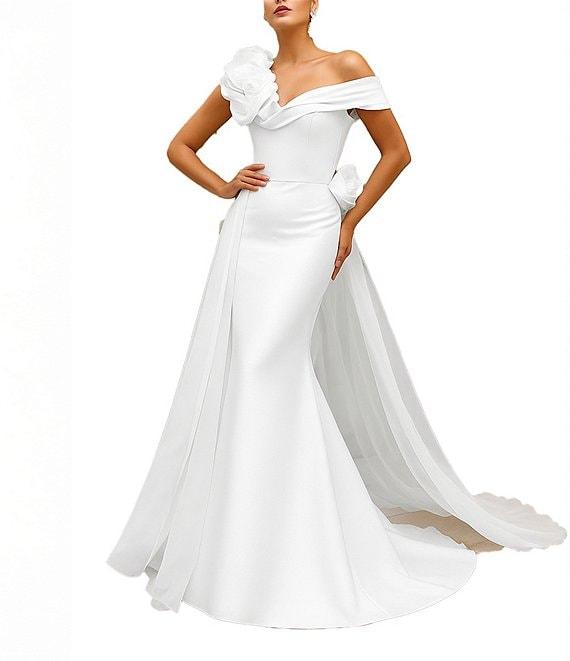 Terani Couture Mikado One Shoulder Rosette Applique Train Gown Product Image