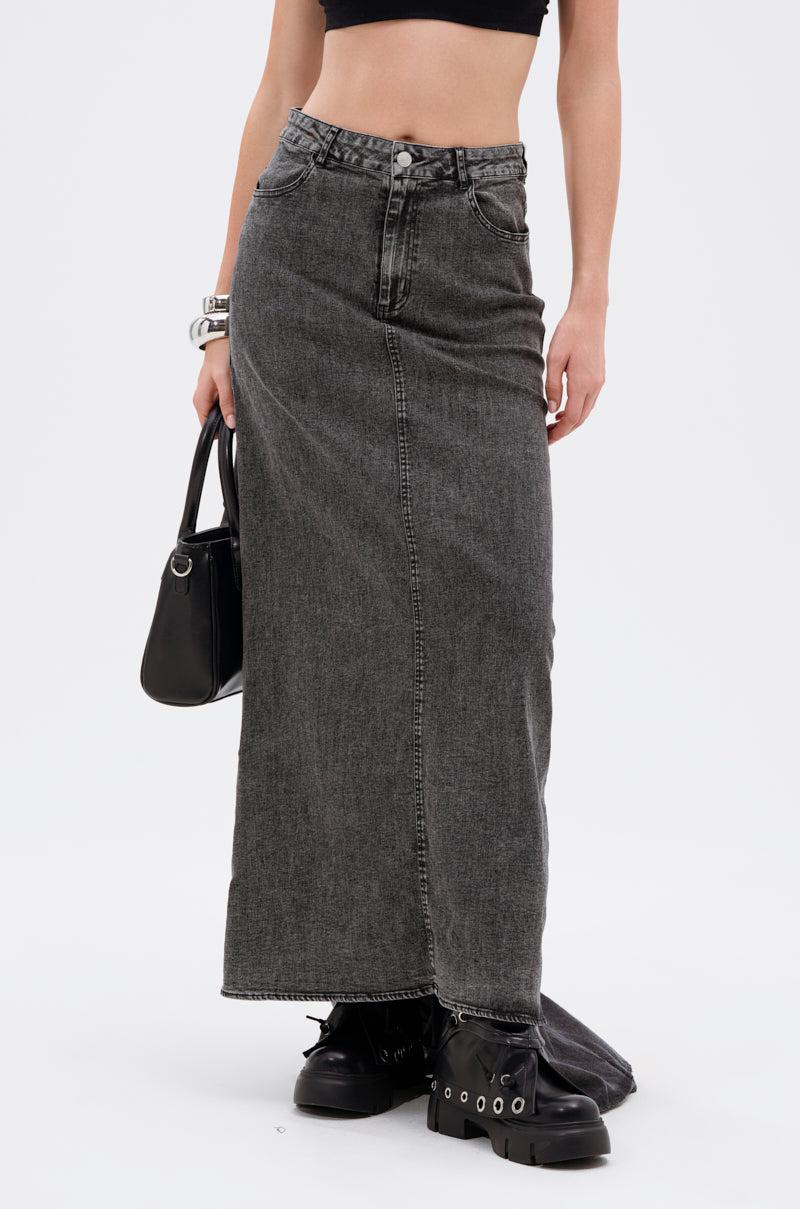 OH THE DRAMA DENIM MAXI SKIRT WITH TRAIN IN GREY Product Image