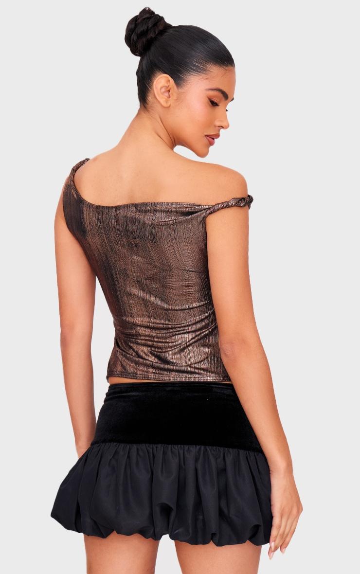 Gold Metallic Textured Twist Shoulder Long Top Product Image