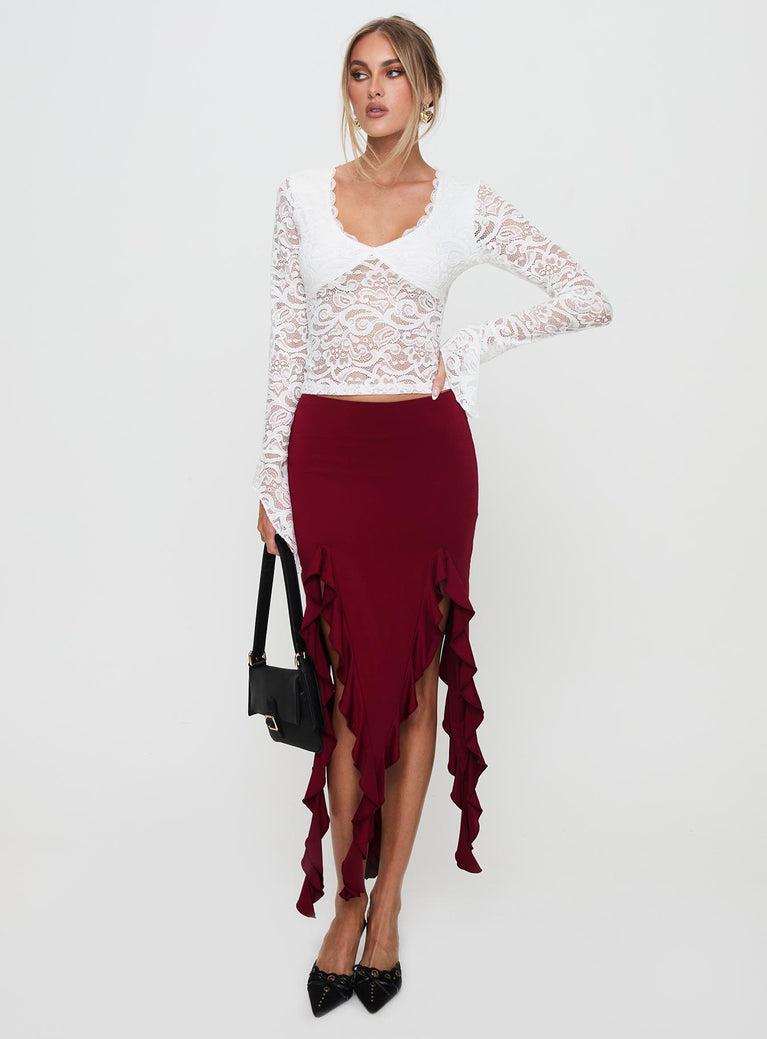Peachey Asymmetric Ruffle Midi Skirt Burgundy Product Image