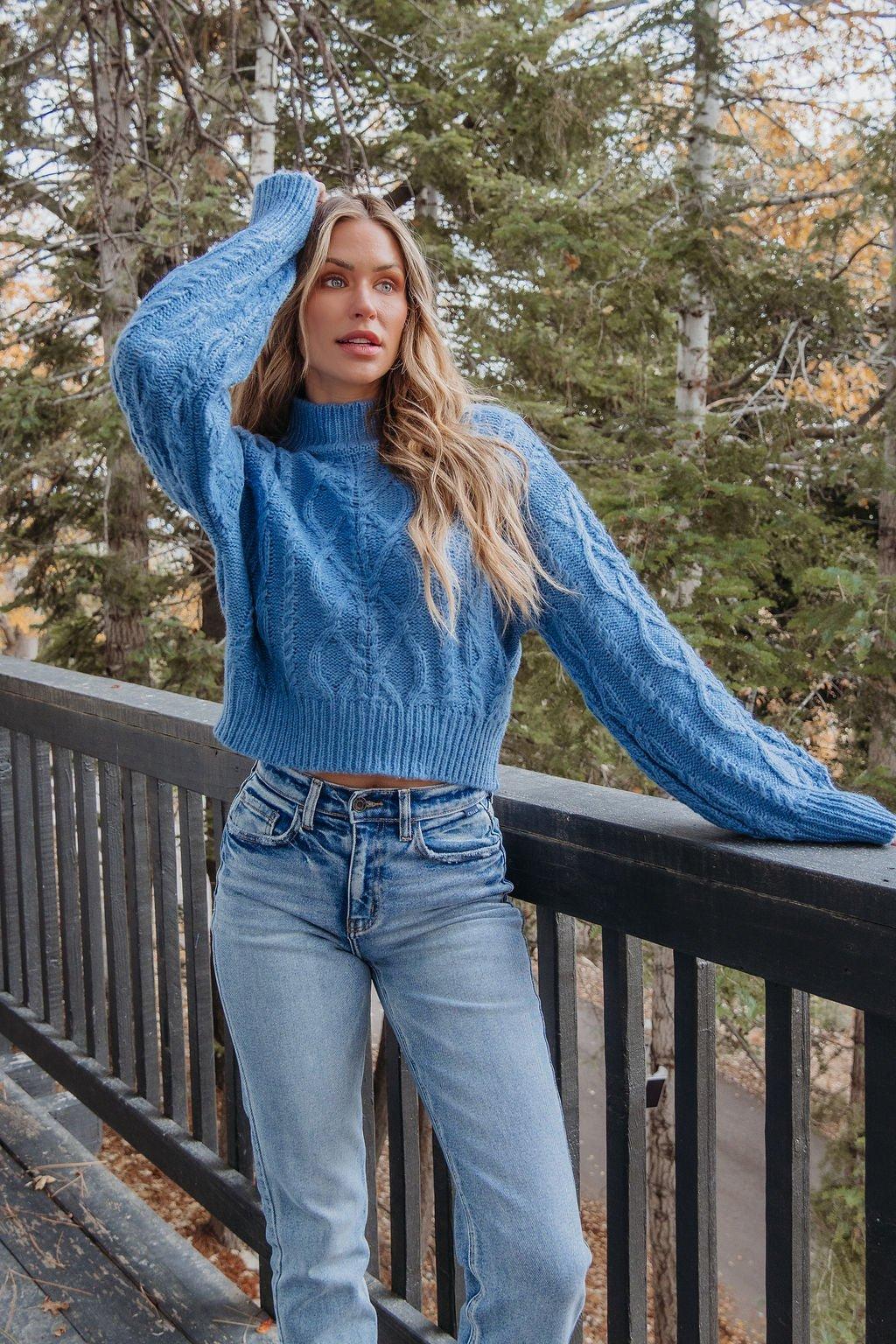 Blue Cable Knit Mock Neck Sweater - FINAL SALE Product Image