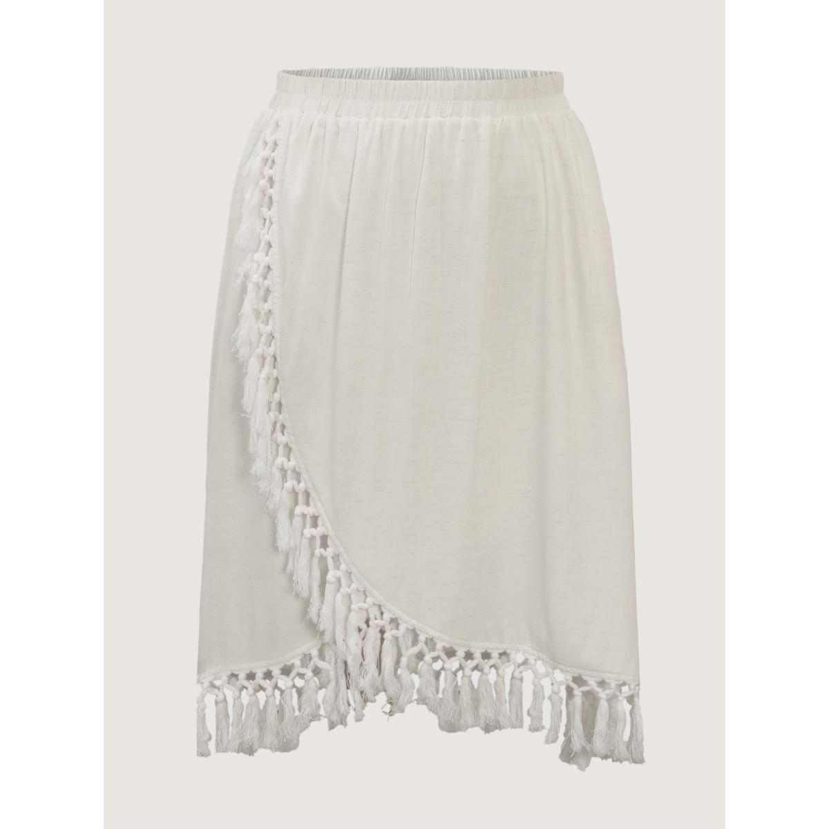 Plus Size Wrap Fringe Hem Maxi Skirt Women Originalwhite Resort Overlapping No stretch Side seam pocket Vacation Skirts BloomChic 26/4X Product Image