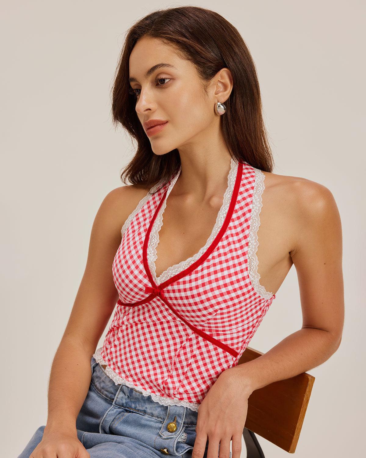 Red Plaid Halter Tank Top Product Image