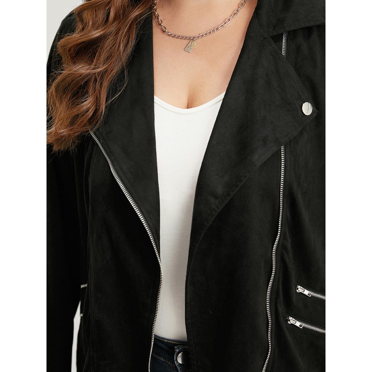 Plus Size Solid Lapel Collar Zipper Metal Detail Jacket Women Black Plain Dailywear Jackets BloomChic 22-24/3X Product Image