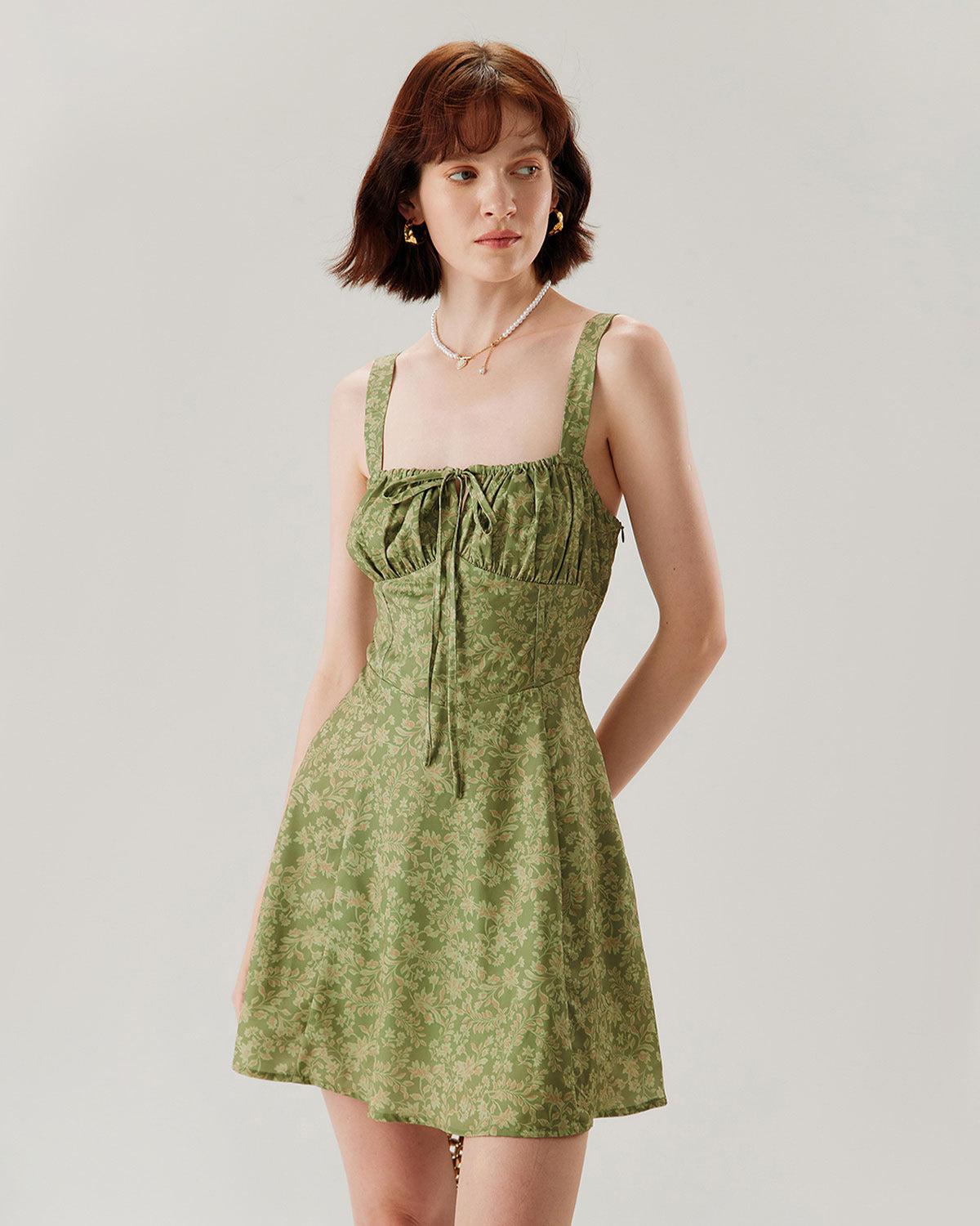 Green Floral Ruched Slip Mini Dress Product Image