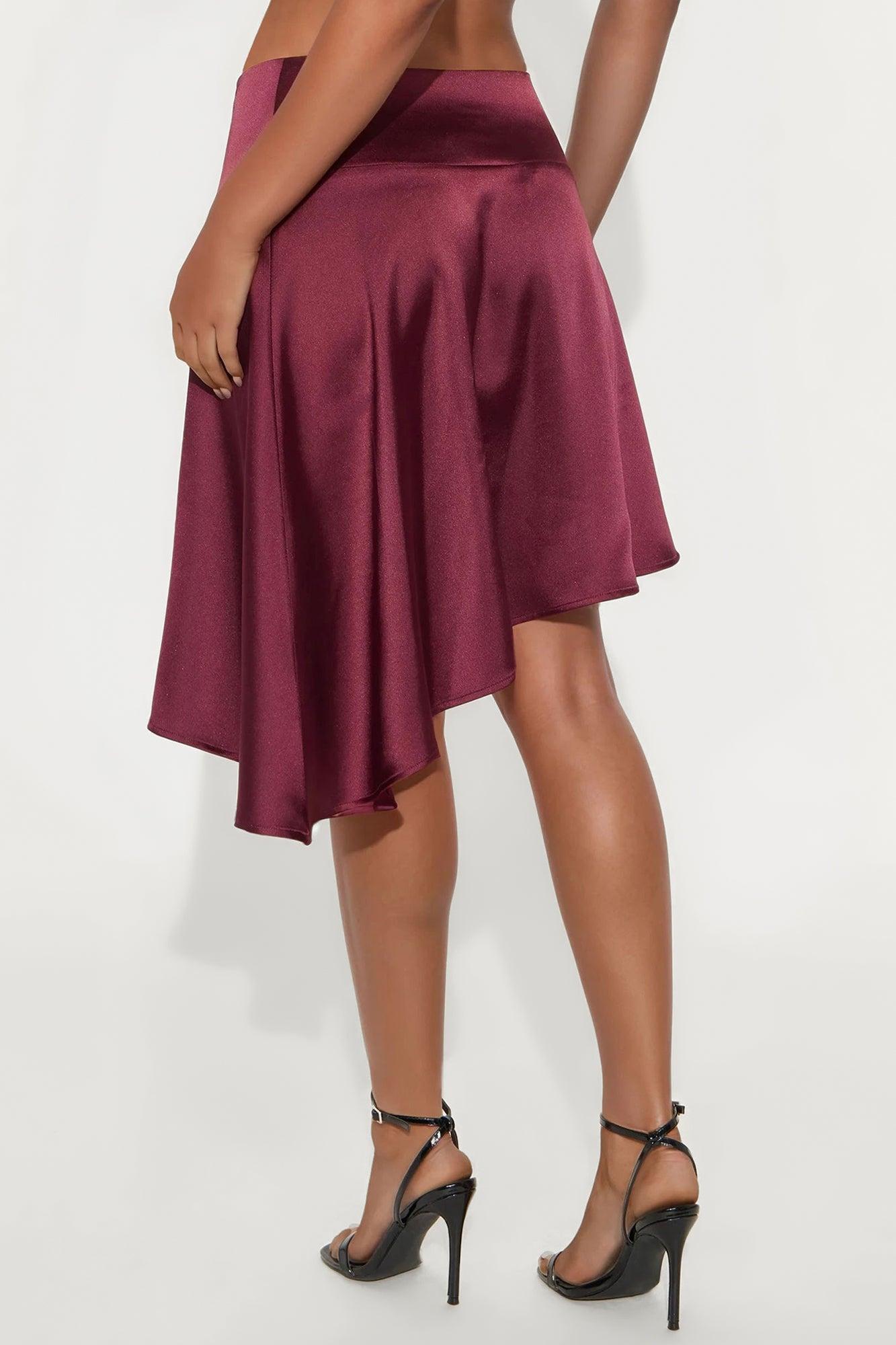 Camille Asymmetrical Satin Midi Skirt - Burgundy Female Product Image