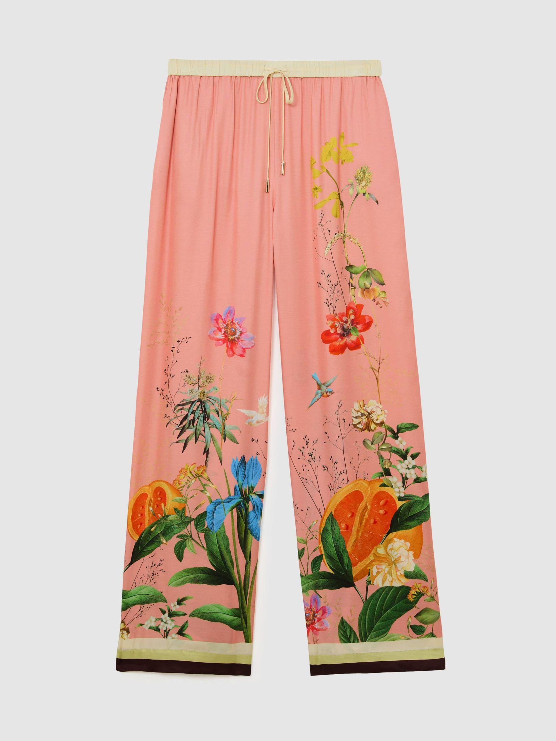 Tropical Scarf-Print Wide-Leg Trousers in Pink Product Image