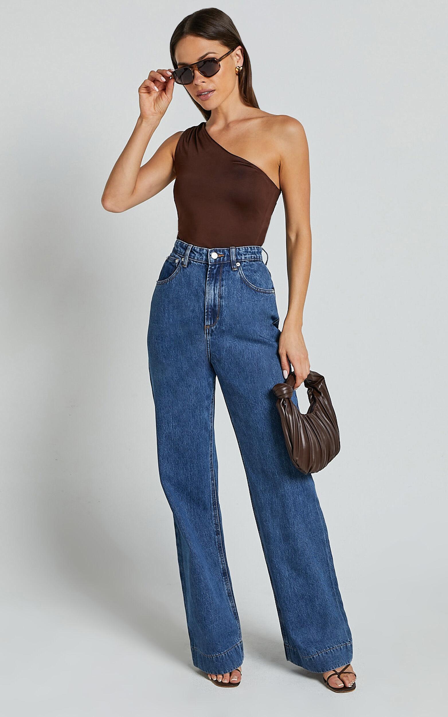 Emman Jeans - High Waisted Cotton Wide Leg Denim Jeans in Dark Blue Wash Product Image
