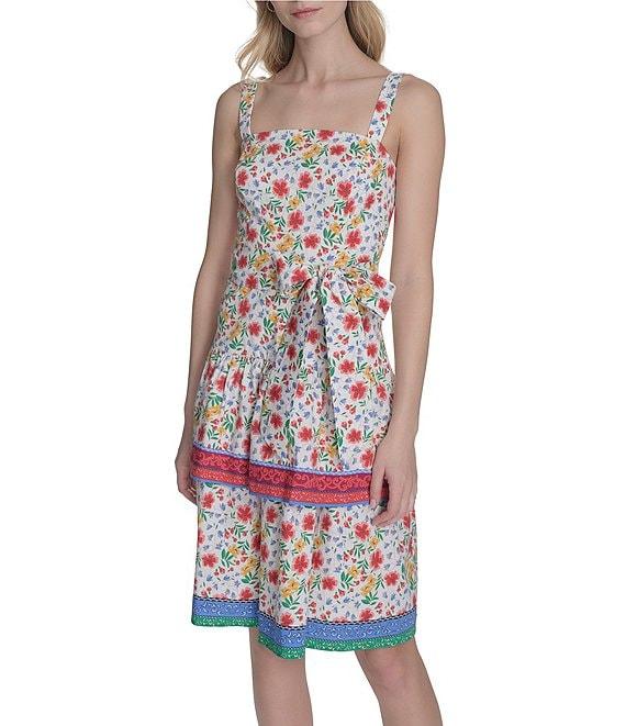 Eliza J Poplin Floral Print Square Neck Sleeveless Bow Tie Ruffle A-Line Dress Product Image