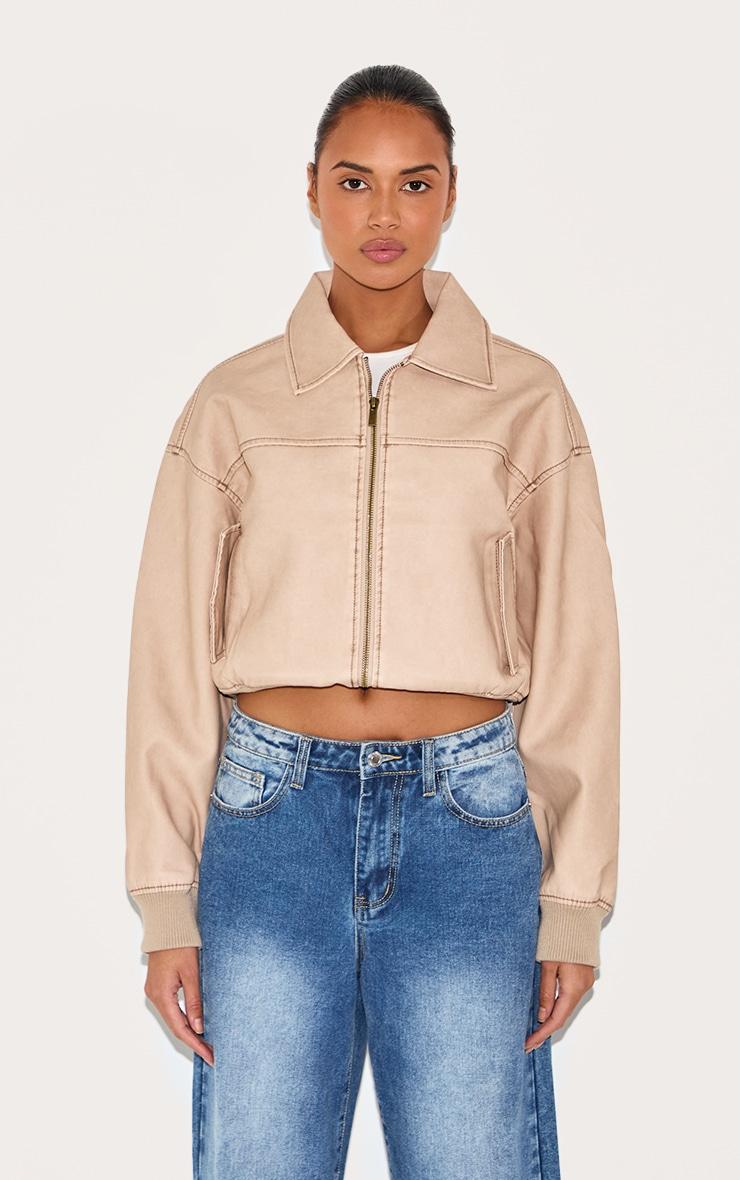 Cream Bleach Detail Faux Leather Cropped Bomber Product Image