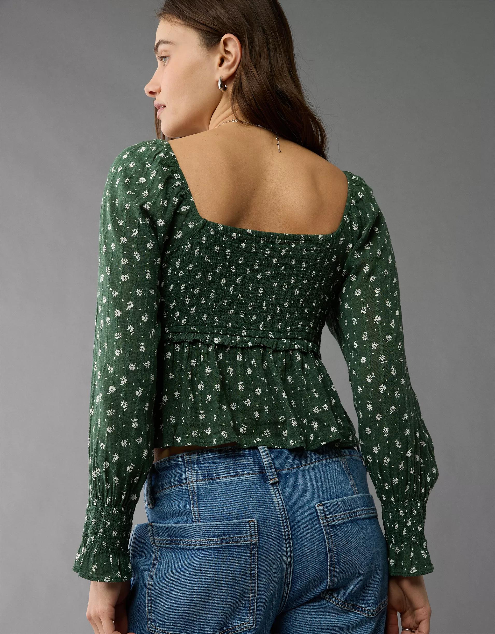 AE Long-Sleeve Smocked Tie Front Blouse Product Image