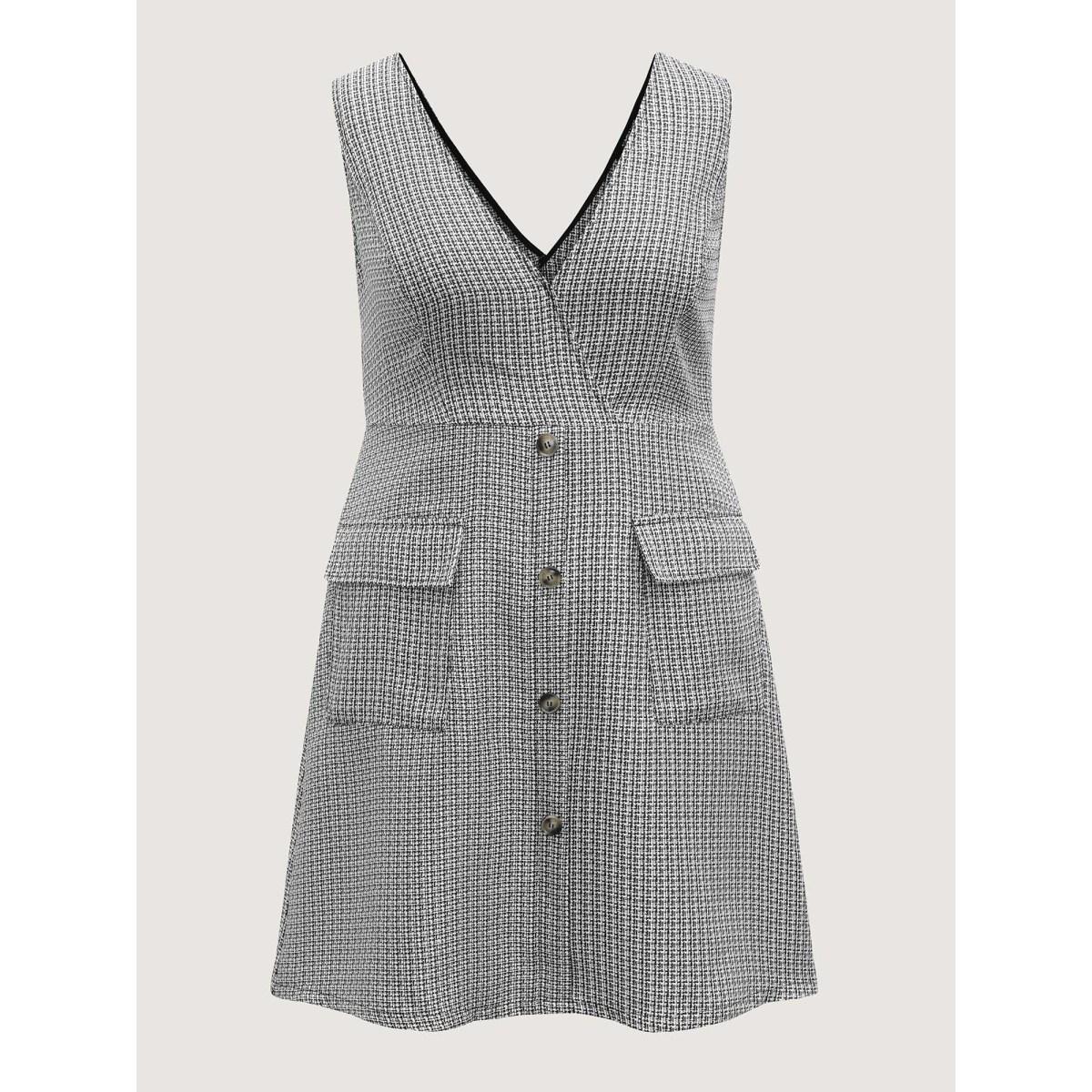 Plus Size Houndstooth Button Detail Pockets Knee Dress Black Women Overlap Collar Sleeveless Curvy BloomChic 14-16/1X Product Image