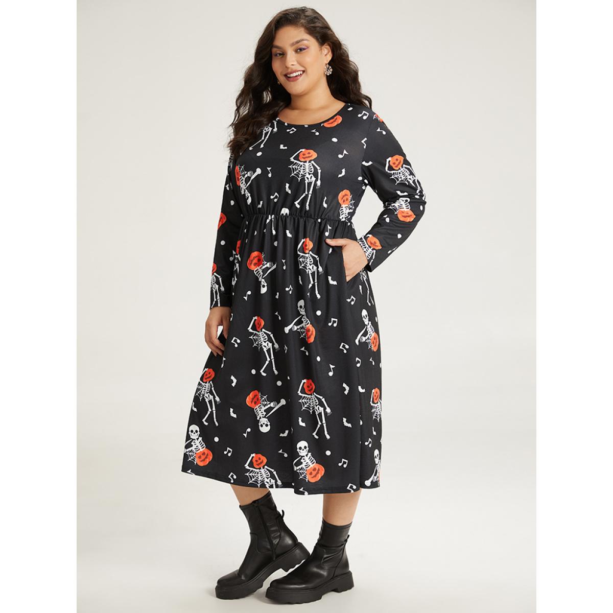 Plus Size Halloween Print Pocket Crew Neck Elastic Waist Dress Black Women Casual Printed Round Neck Long Sleeve Curvy Midi Dress BloomChic 12/L Product Image