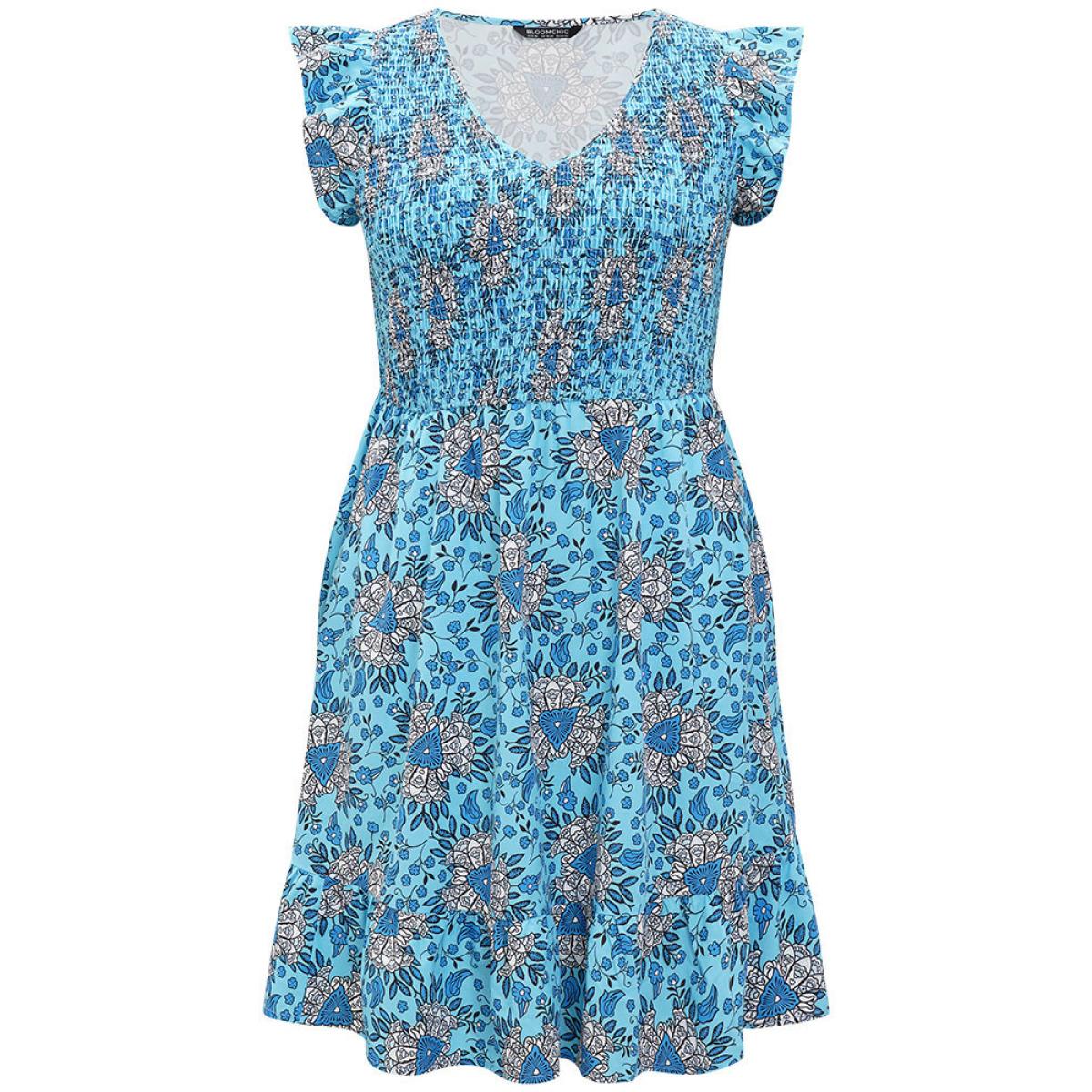 Plus Size Floral Print Shirred Ruffle Cap Sleeve Layered Hem Dress Cerulean Women Elegant Shirred V-neck Cap Sleeve Curvy Knee Dress BloomChic 26/4X Product Image