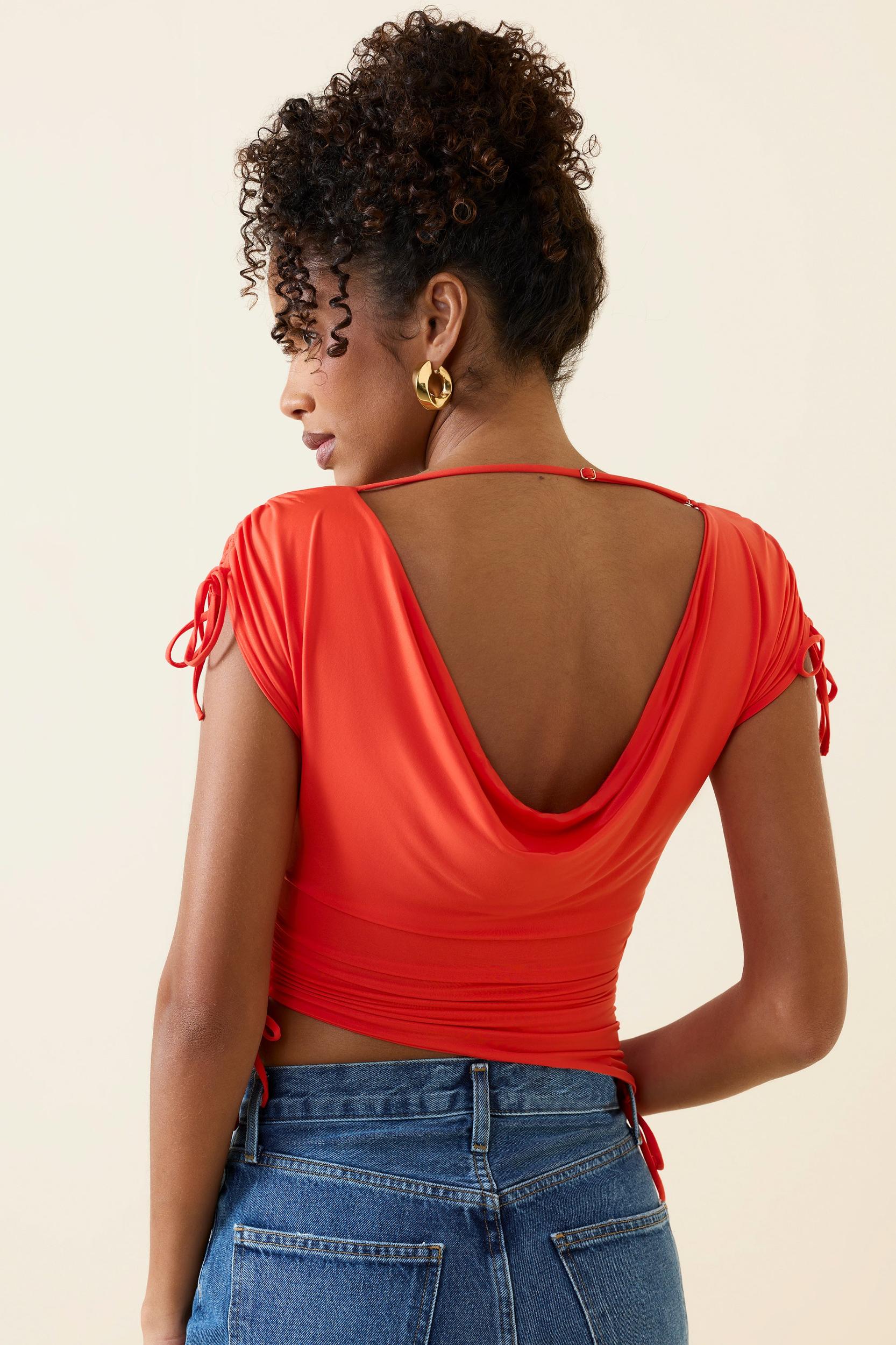 Asymmetric Ruched Cowl-Back Crop Top in Scarlet Female Product Image