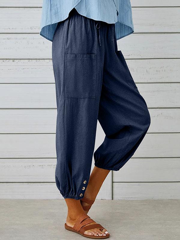 High Waisted Loose Buttoned Drawstring Elasticity Pockets Split-Joint Ninth Pants Trousers Product Image