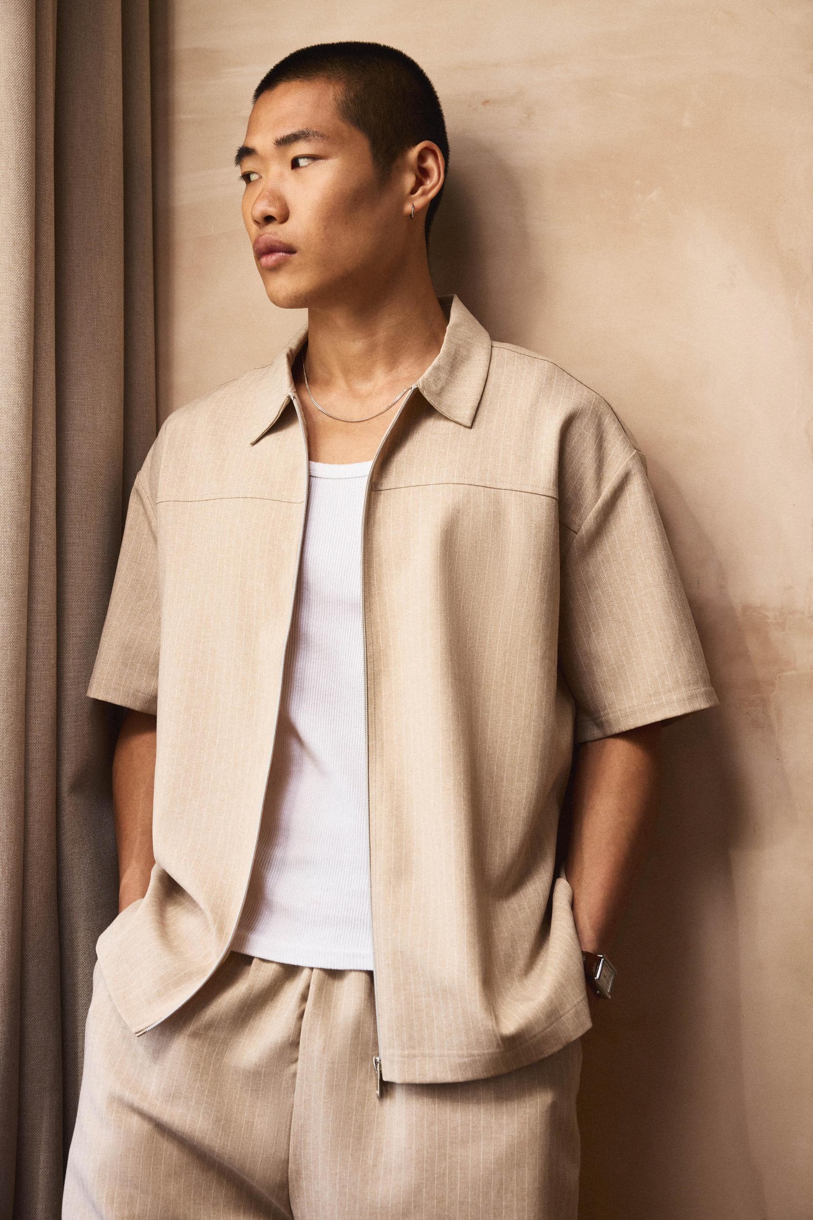 Oversized Short Sleeve Stripe Zip Up Shirt | boohooMAN USA Product Image