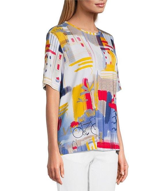 Multiples Petite Size Embellished Printed Scoop Neck 3/4 Sleeve Fitted Knit Top Product Image