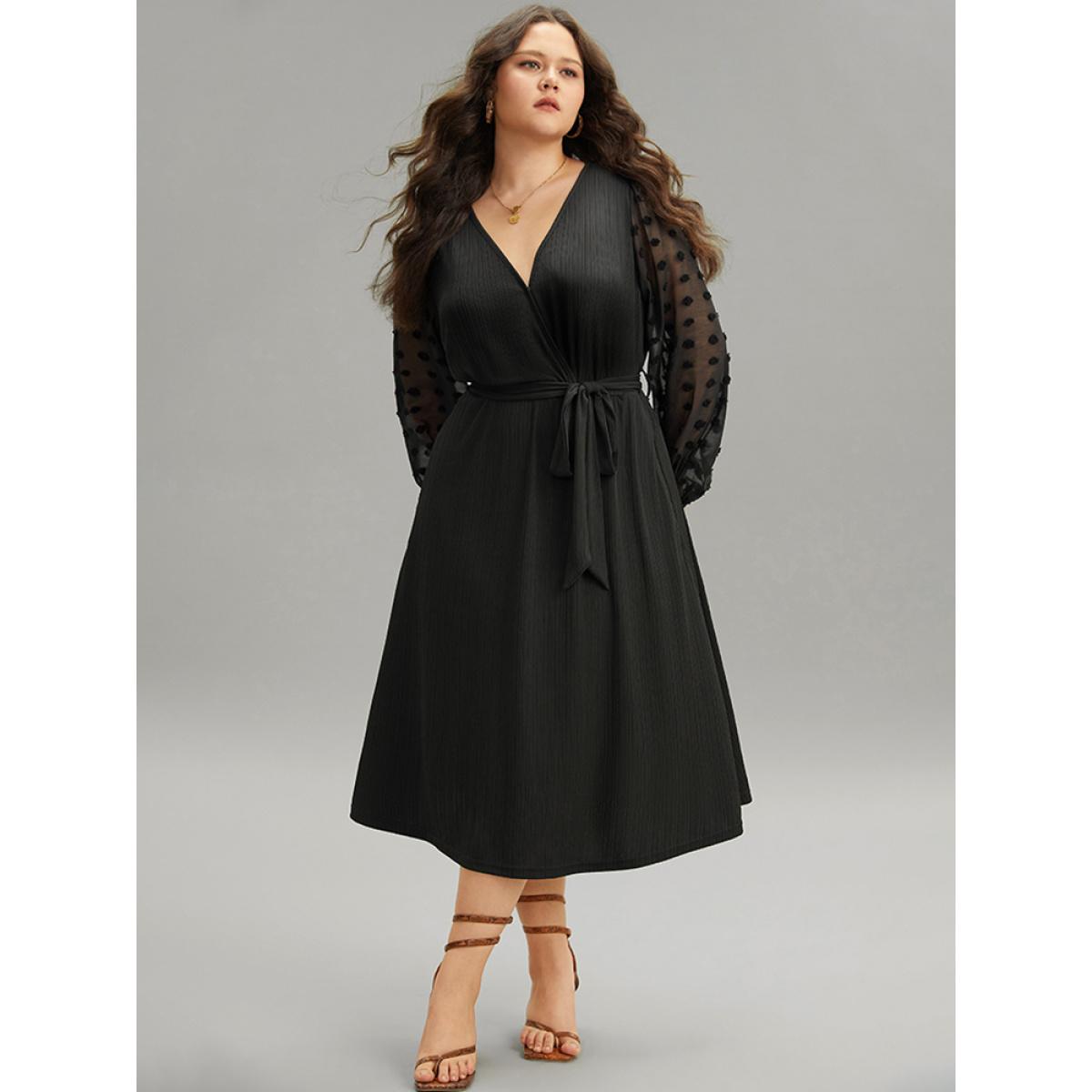 Plus Size Polka Dot Chiffon Mesh Patchwork Wrap Dress Black Women Elegant Elastic cuffs Overlap Collar Long Sleeve Curvy Midi Dress BloomChic 18-20/2X Product Image