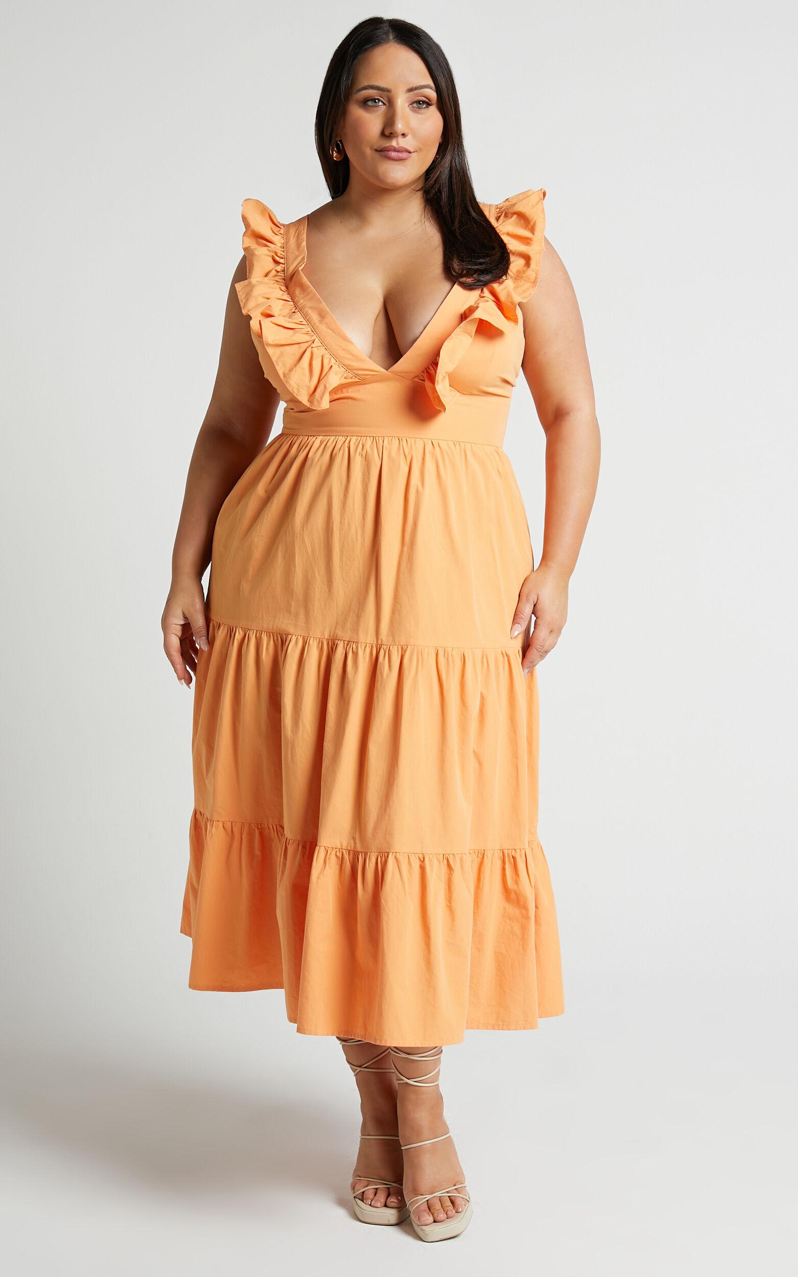 Levona Midi Dress - Ruffle Shoulder Tiered Dress in Orange Product Image