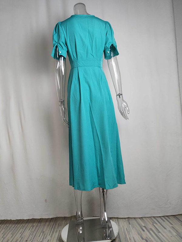 High Waisted Loose Buttoned Round-Neck Midi Dresses Product Image